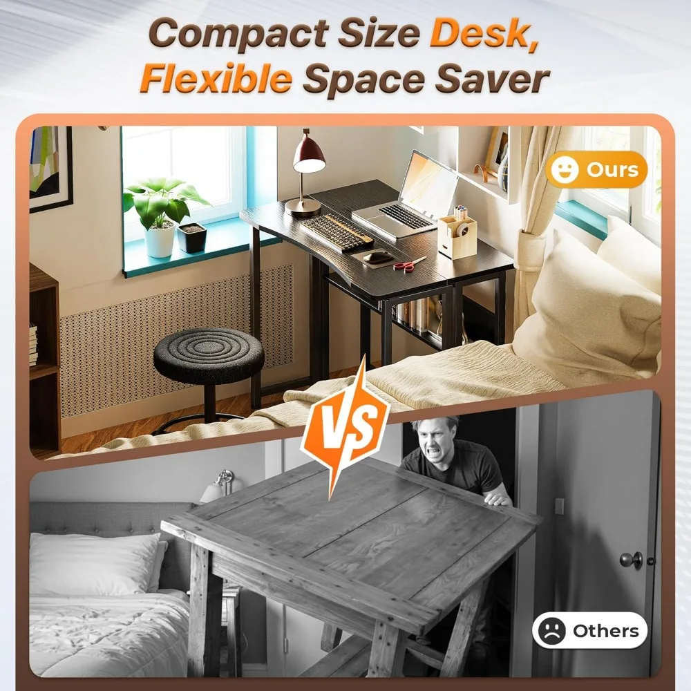 31.5 Inch Foldable Computer Desk with Storage Shelf, Space Saving for Small Spaces, Black