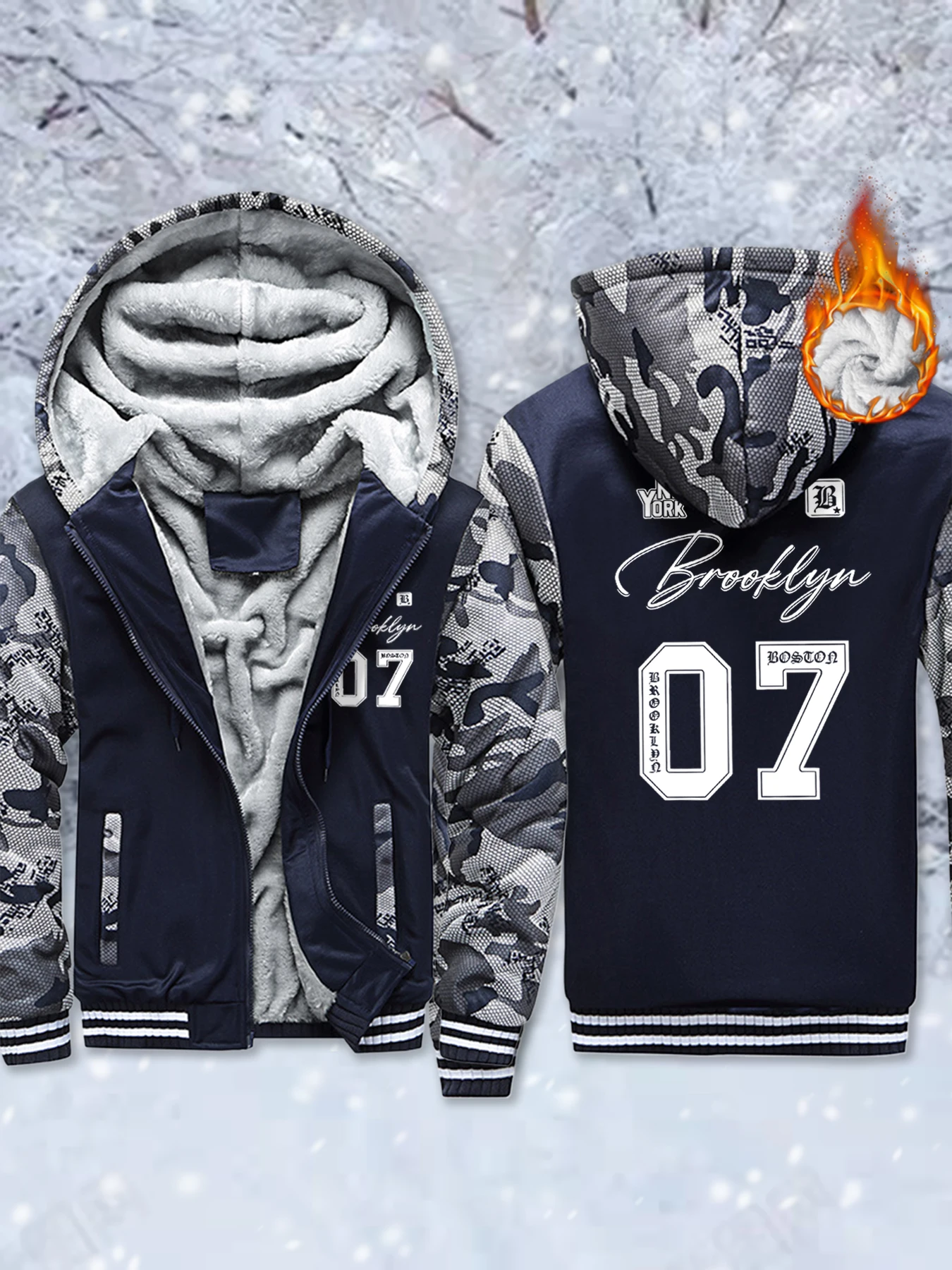 

Brooklyn New York Boston Creative Prints Fleece Winter Jackets Mens Pocket Zip-Up Outwear Thicken Comfy Hoodie Warm Basics Coat