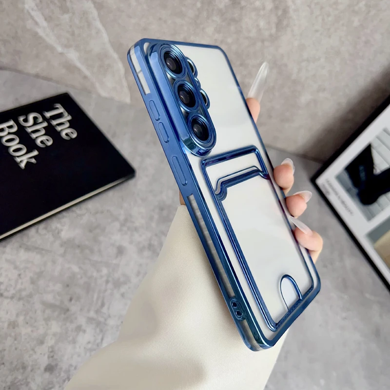 Funda transparente de borde cromado con ranura para tarjeta y billetera, suave y de alta definición para Samsung Galaxy S26 Ultra S24 S23 S25 Ultra Plus 4