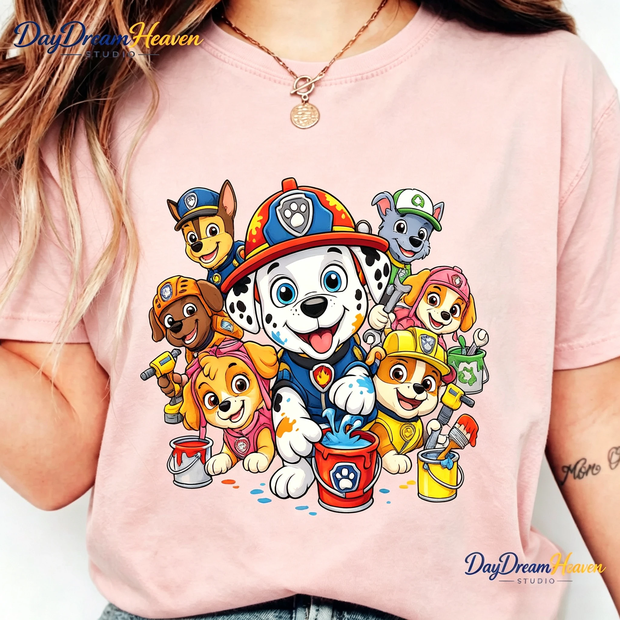 Paw Patrol Painting Puppy Team T‑Shirt Cartoon Dog Paint Bucket Print Short Sleeve Casual Cotton Tops for Boys Girls