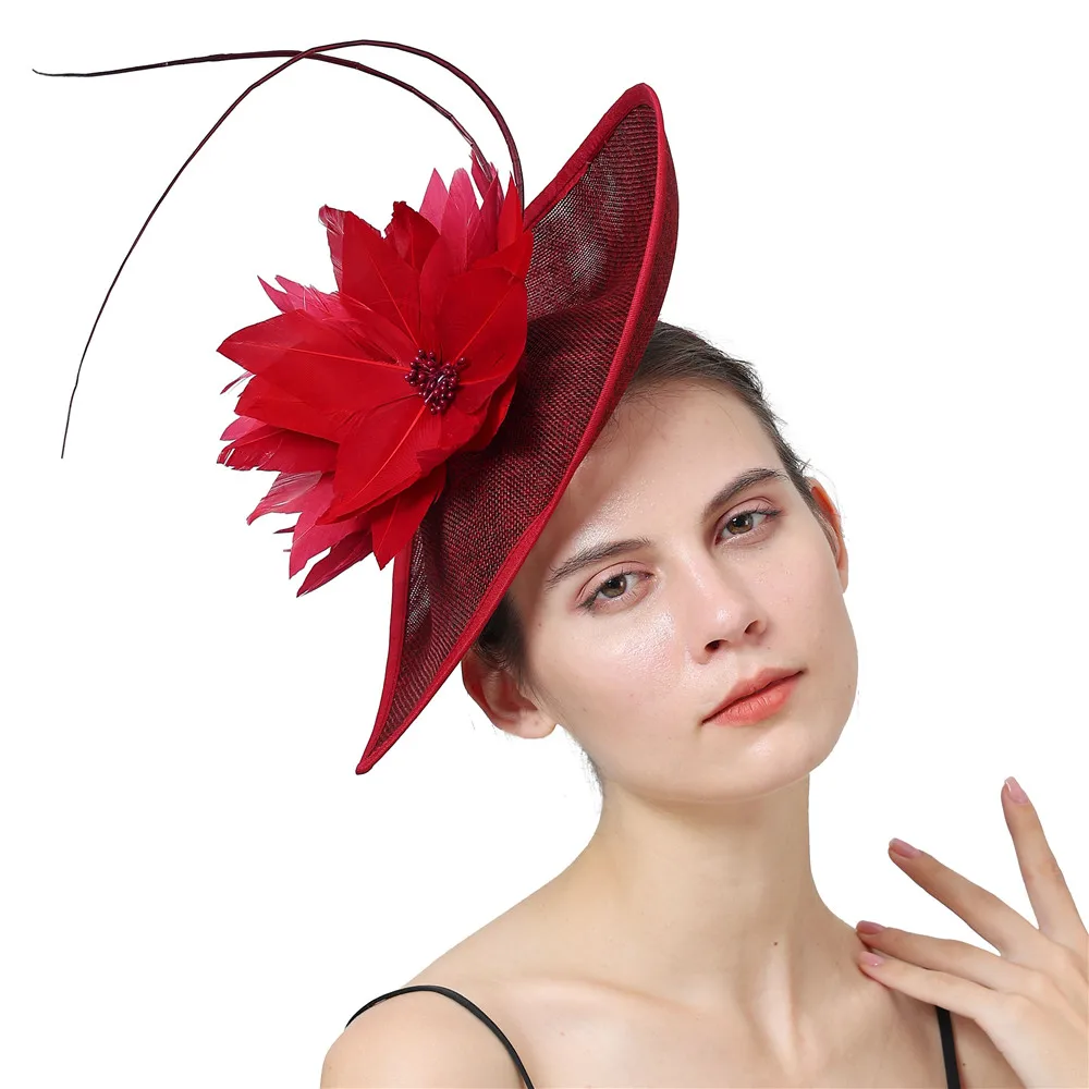 

Millinery Cocktail Fascinator Hat Wine Foral Imitation Linen Derby Event Hair Accessories Elegant Women Feather Flower Headband