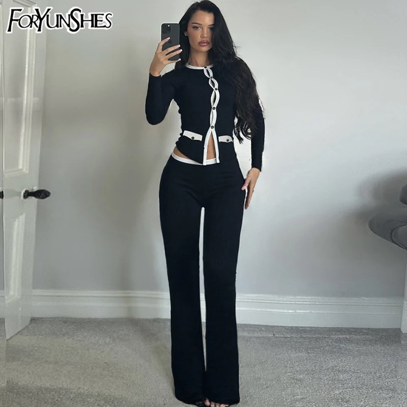 

Two Piece Set Women Cotton Tracksuits Sexy Color Contrast Long Sleeve Cardigan Top+High Waist Slim Pants Outfits 2025 Fall