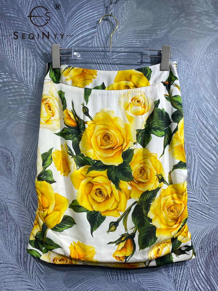 

SEQINYY 100% Silk Mini Skirt Summer Spring New Fashion Design Women Runway High Quality Vintage Yellow Flower Sicily Print