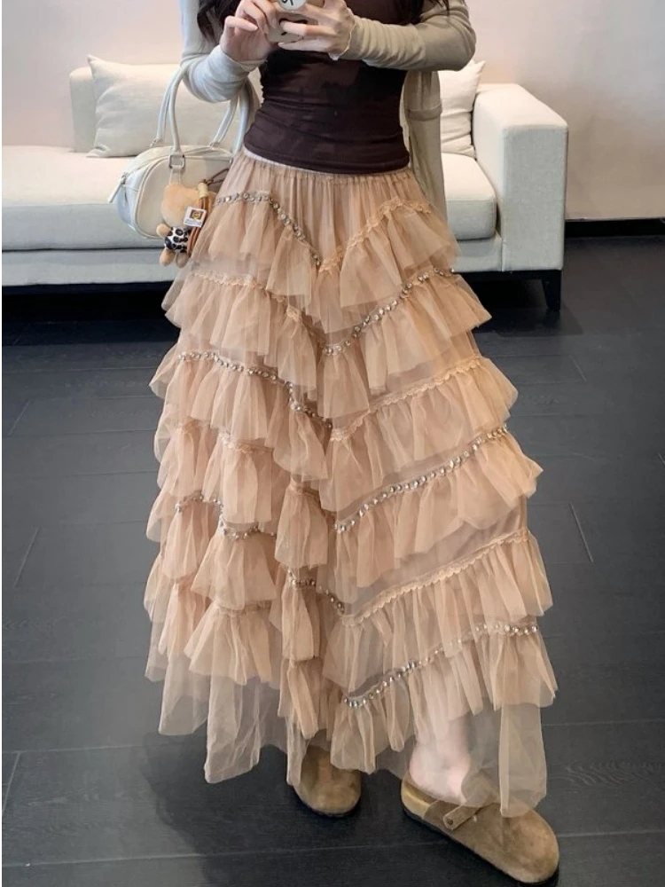 Maxi Long Skirt Women Beading Skirt 2026 Goth Lolita Autumn Winter High Waisted High Low Ruched Ruffle Pleated Skirts rok