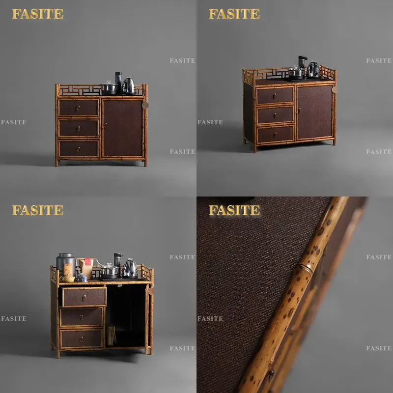 For Retro Merlot Bamboo Tea Cabinet Small Side Shelf Household Kettle Integrated Storage Living Room Furniture