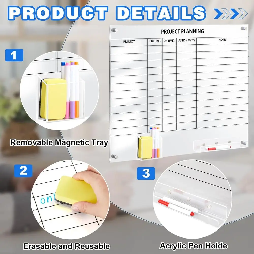 لوح مسح جاف مثبت على الحائط من الأكريليك الشفاف مقاس 24 × 18 مع علامات وممحاة للمكتب المنزلي وتخطيط الأسرة