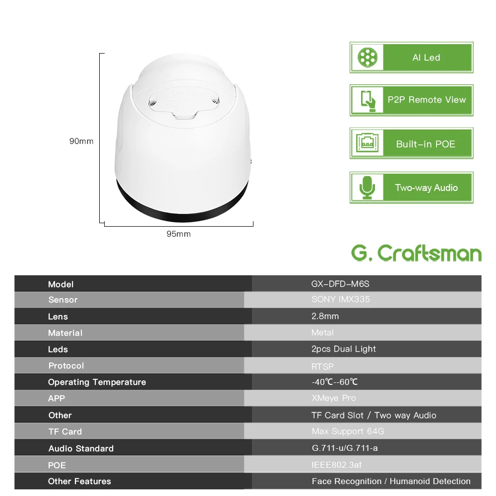 XMeye D SONY 6MP POE Support TF Card Speaker Audio Warning Onvif CCTV Video Surveillance Security G.Craftsman