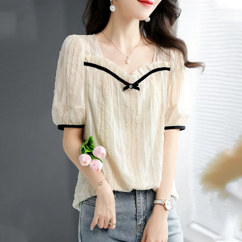 Fashion Women\'s Elegant Blouse Korean Square Collar Bow Lace Cut Spliced Shirt Summer New All-match Short Sleeve Tops for Female