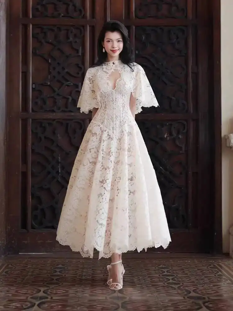 QMQA Fashion Women's Evening Dresses Embroidered Lace High Waist Slimming Spliced Shawl Elegant Dress 2026 Female New QM1185