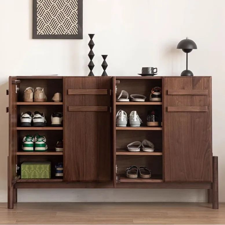

Customizable wabi-sabi wind four-door black walnut shoe cabinet Japanese living room storage locker