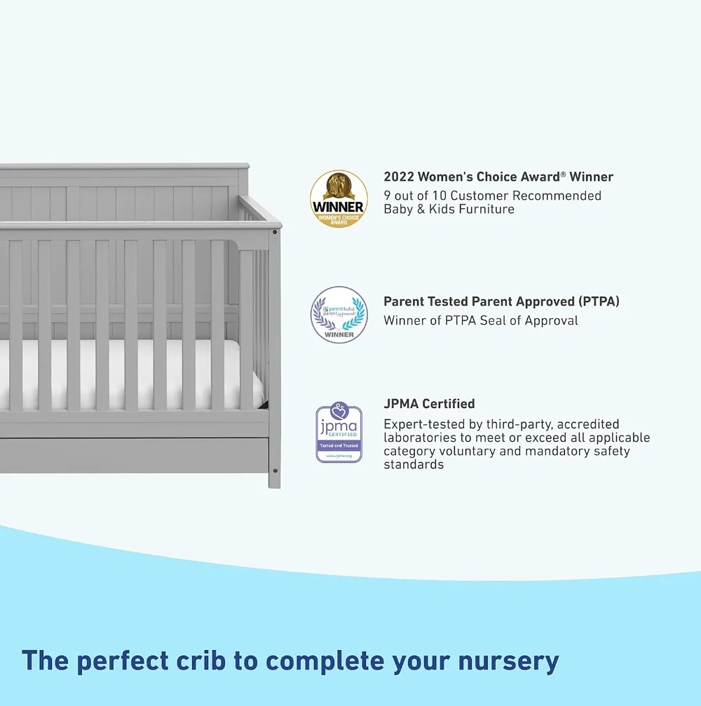 Graco Hadley 5-in-1 Convertible Crib with Drawer (Pebble Gray) – GREENGUARD Gold Certified, Crib with Drawer Combo