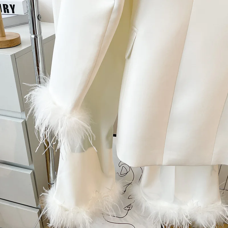 Autumn Spring Luxury Design Street Wear Women Two Piece Suit Feathers White Blazer Pants Sets Top Quality