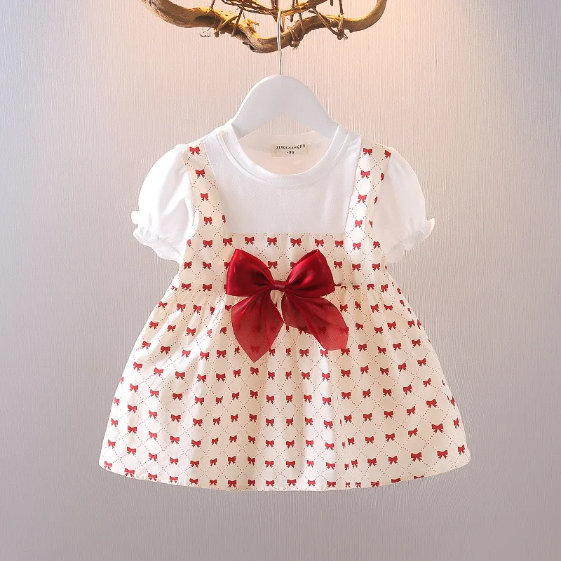 

1-5 Years Old Summer Baby Girls Bowknot Print Fake Two-Piece Shoulder Strap Dress Kids Cute Short Sleeve Casual Dress