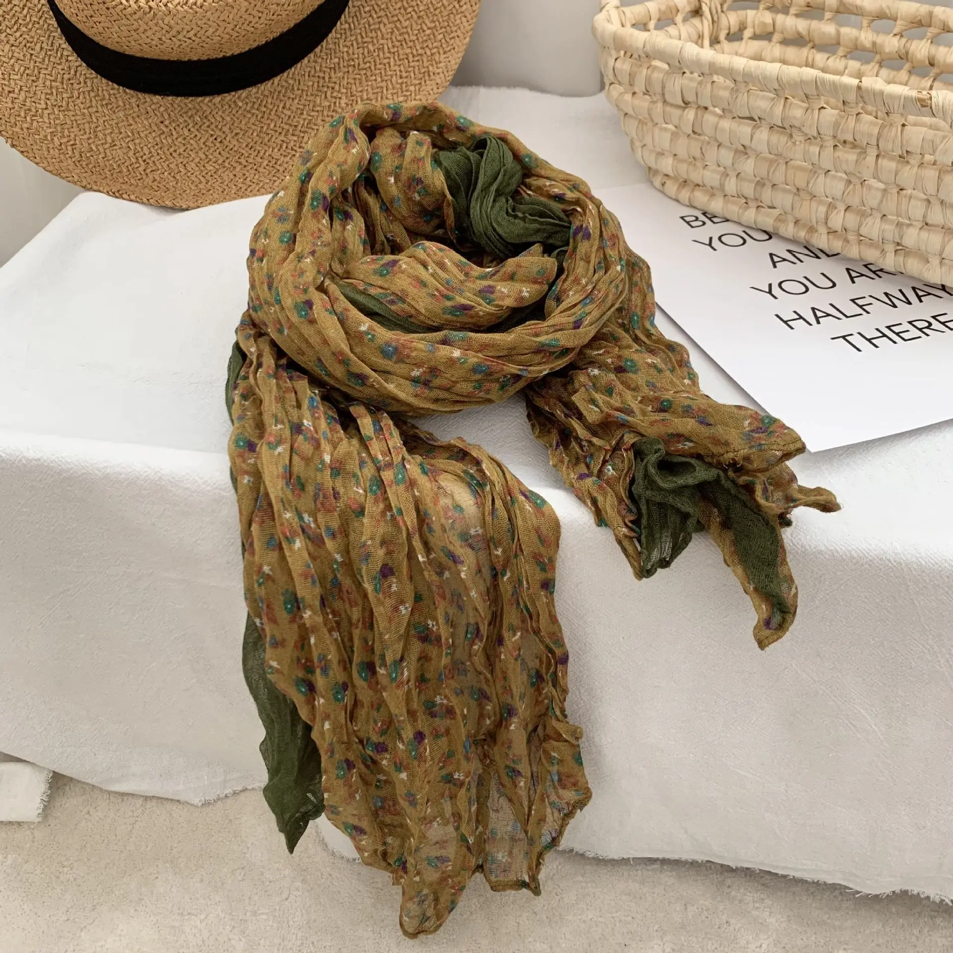 Scarf Cotton Linen Floral Patchwork Warm Knit Texture Winter Wrap Lightweight Cozy Bohemian Vintage Fringe Shawl Women