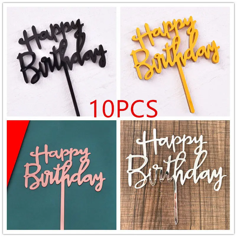 10 Uds. 1 Juego de adorno acrílico para tarta de feliz cumpleaños, diseño Simple dorado y plateado, adornos para tarta de fiesta de cumpleaños para niños, decoración de postre