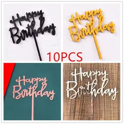 10 Pcs 1 Set Acrylic Happy Birthday Cake Topper Gold Silver Simple Design Kids Birthday Party Cake Toppers Dessert Decoration