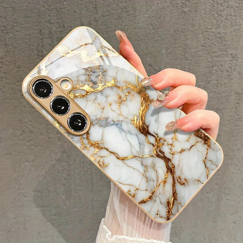 Golden Marble Texture Pattern Glass Phone Case for Galaxy   S26 S23 S24 25 FE S22 Plus Ultra Fashion Soft Edges and Hard