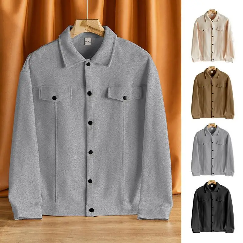 

Men's Woolen Spor Casual Coat with Stand Collar And kets Non-iron Treaent round Hem Long Sve ort Length Pure Color