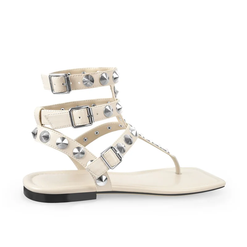 Onlymaker Woman Beige  Square Toe Rivet  T-Strap Sandals Flip  Flip Flops Thong Flats Sandals