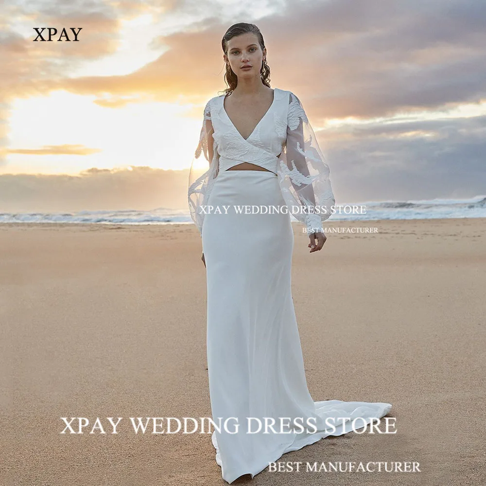 XPAY V Neck Long Puff Sleeves Mermaid Wedding Dresses Crepe Lace Appliques Open Back Bride Gown Elegant Custom Vestidos De Novia