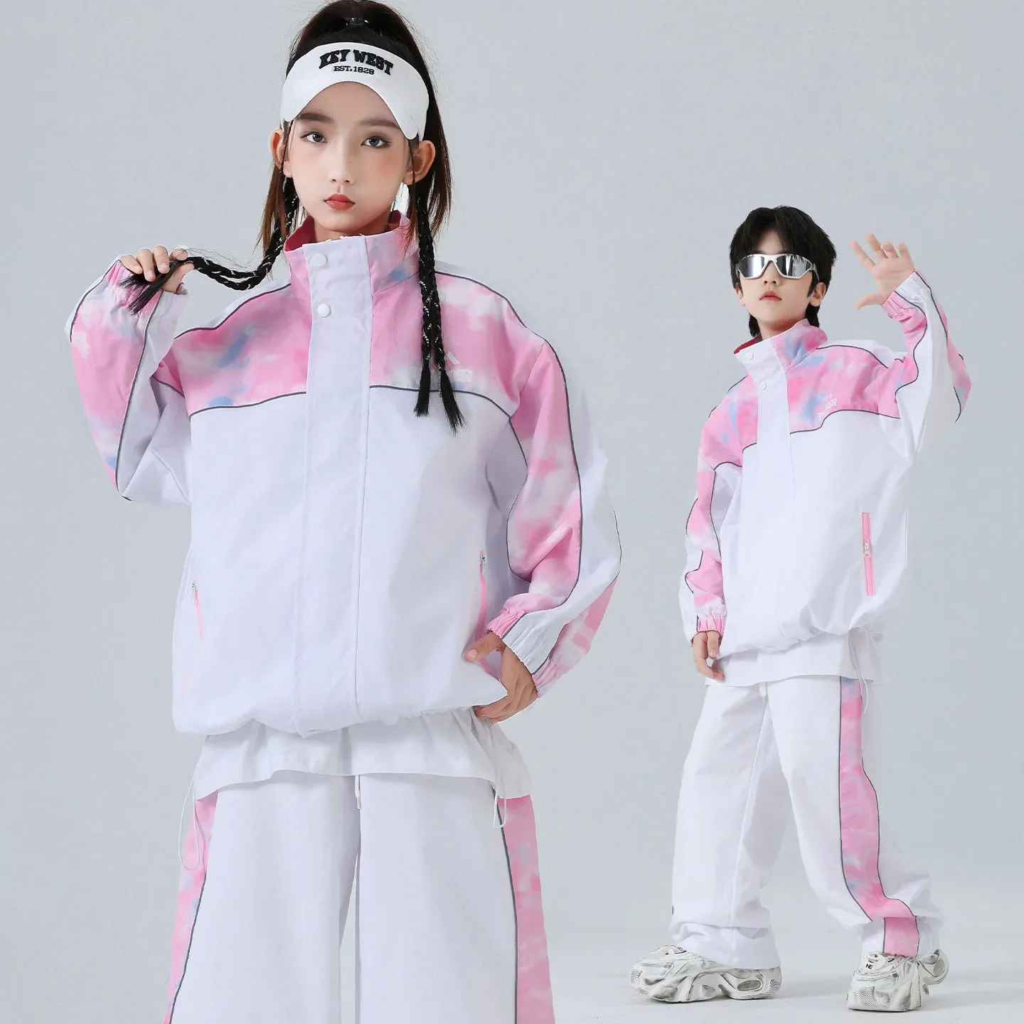 Kid Kpop Hip Hop Clothing White Pink Print Windbreaker Jacket Casual Wide Pants for Girl Boy Street Dance Costumes Set Clothes