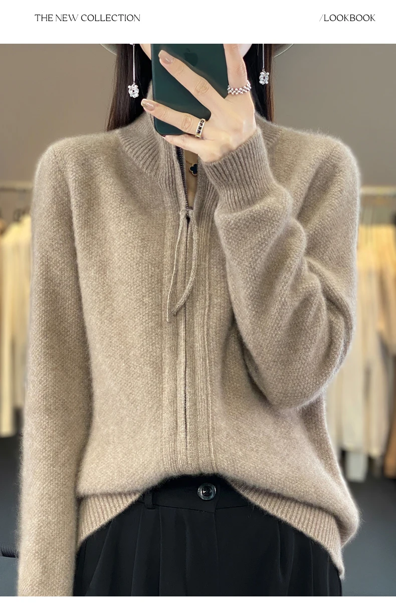 Autumn And Winter New Thick Two-Way Zipper Wool Cardigan Women's Loose Casual Sweater Solid Color Knitted Cashmere Coat