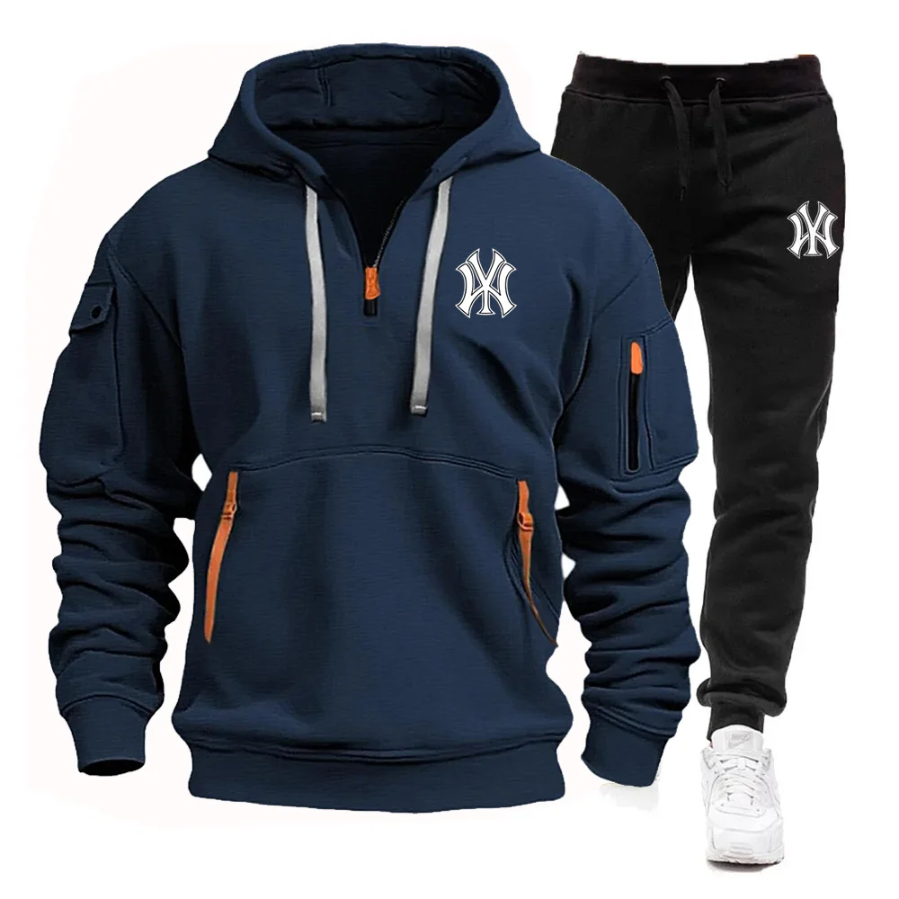 Men's new leisure fitness jogging sports clothing set spring and autumn multi-pocket zipper hoodie + sweatpants two-piece set