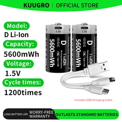 Kuugro 1.5V 5600mWh USB Rechargeable D Size Battery LR20 Lithium-ion D-Cell Battery for Gas Cooker Water Heater Flashlight Radio