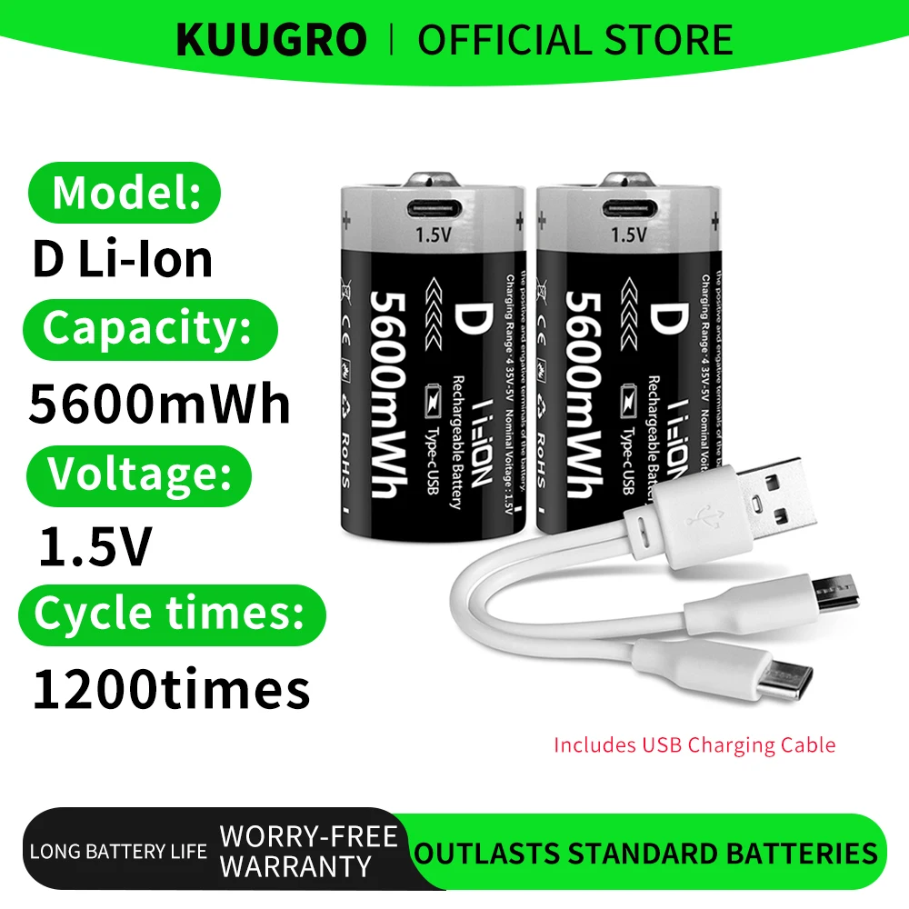 Akumulator litowo-jonowy Kuugro USB D-Size 1.5V 5600mW LR20 do kuchenek gazowych, podgrzewaczy wody, latarki, radia