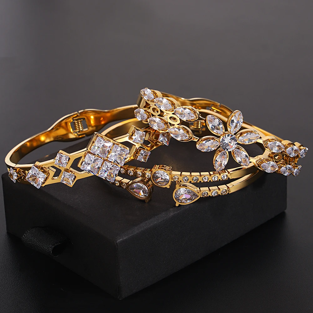 Greatera الفولاذ المقاوم للصدأ حجر الراين سوار الأزياء الأرقام الرومانية تصميم المعين زهرة الحفر القلب نمط المرأة الإسورة #6