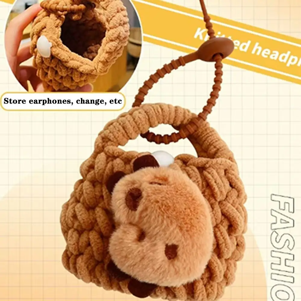 Cute Plush Capybara Keychain Knitted Earphone Bag Cartoon Animal Stuffed School Bag Pendant Backpack Decoration Doll