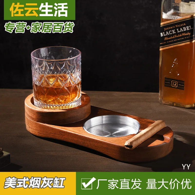 2 In 1 Wooden Ashtray Retro Wood Whiskey Glass Cup Tray And Cigar Wine Holder Rest Ashtray Home Office Decoration