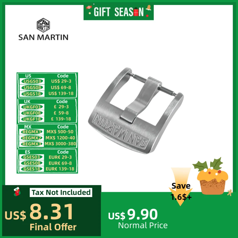 San Martin Watch Clasp 20mm Brushed Logo Pin Buckle 316L Stainless Steel For Watchbands Strap High Quality Replacement Accessory