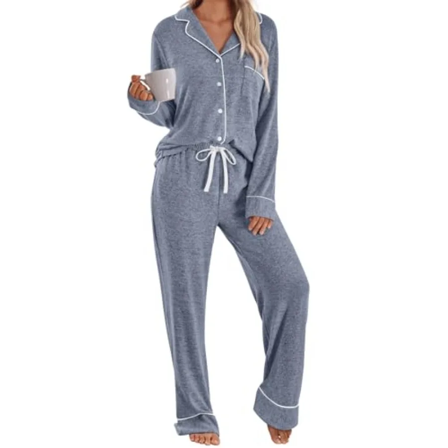 LILLUSORY Women's Long Sleeve Pajama Set - Soft Button-Down Top and Comfortable Drawstring Pants with Pockets