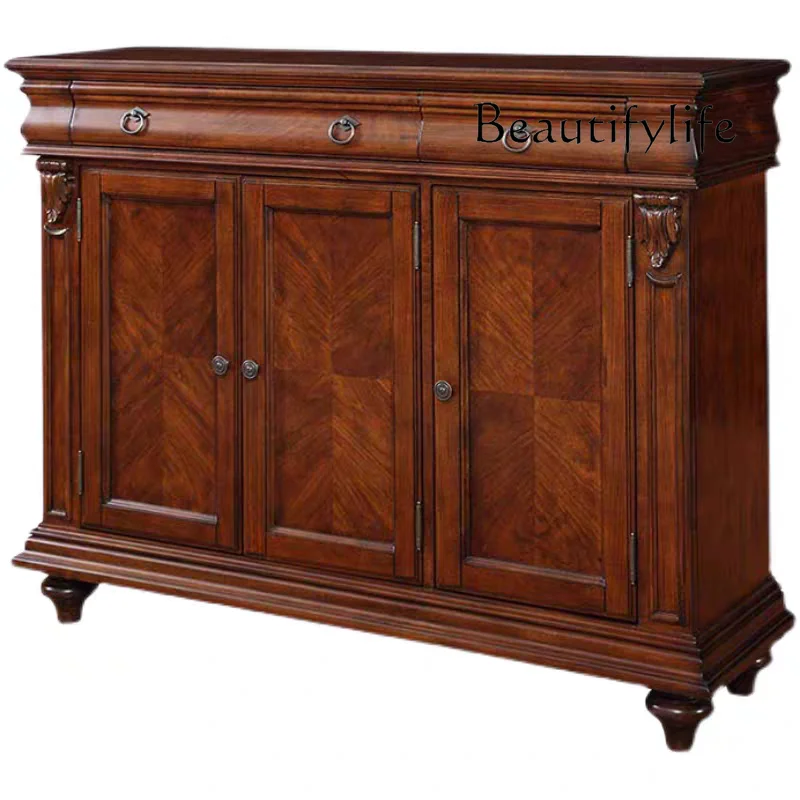 

American solid wood carving flower living room partition entrance cabinet retro old chest cabinet three door storage cabinet