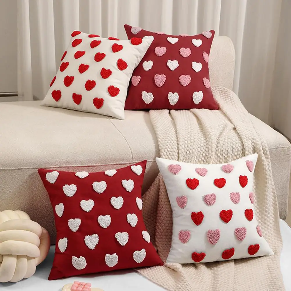 45*45cm Valentines Day Throw Pillowcase Holiday Themed Pillow Cover 3d Heart Embroidery Short Plush Luster Throw Pillow Cover