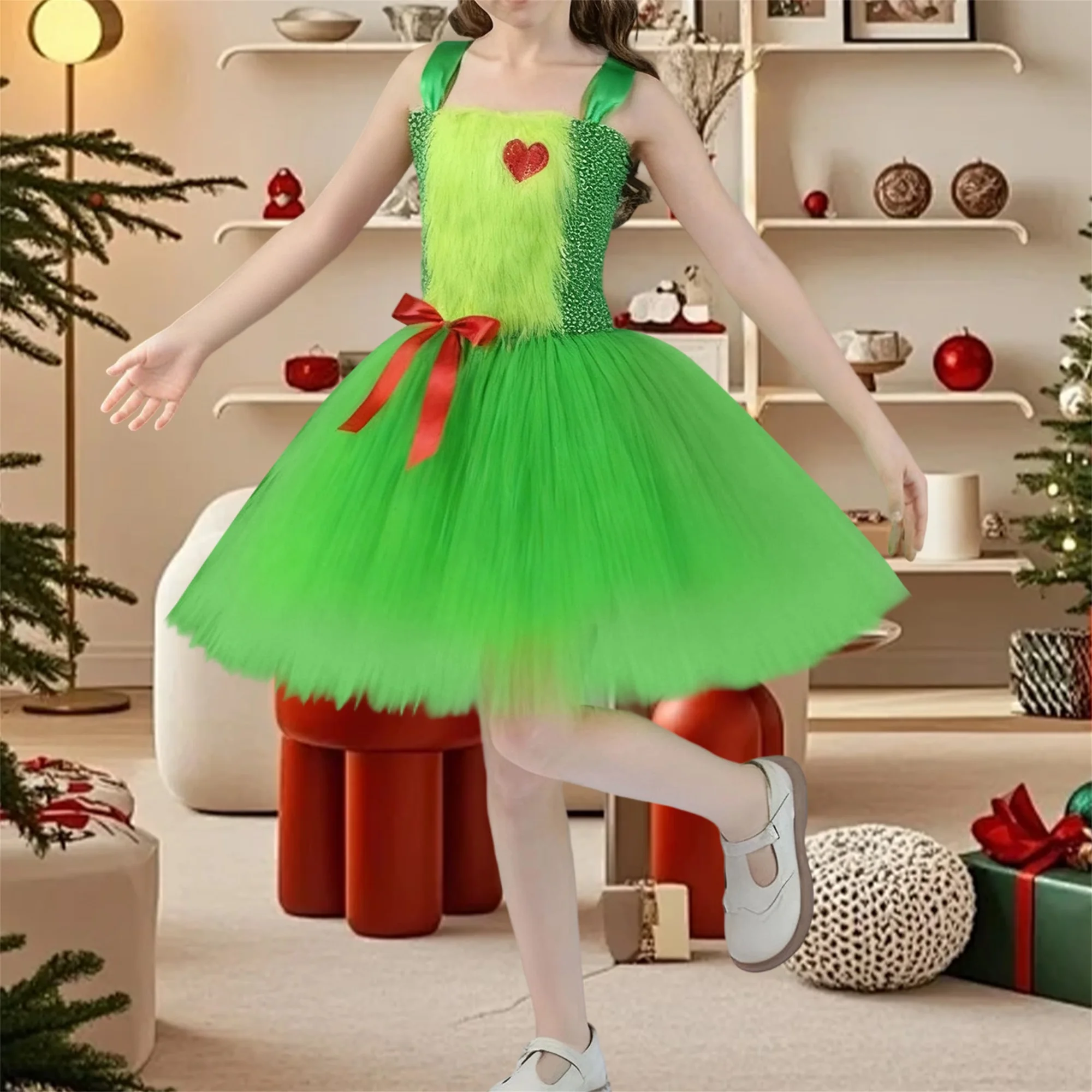 فتاة عيد الميلاد زي الأخضر الوحش القلب التطريز أكمام تول المرقعة فستان تأثيري الملابس