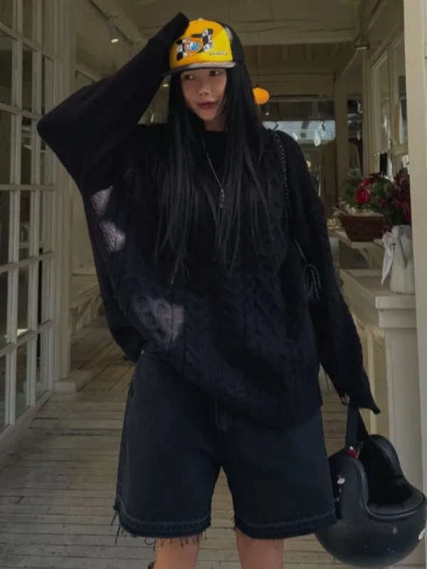 Maglione lavorato a maglia oversize allentato Felpa con cappuccio di media lunghezza da donna ey Autunno Inverno New Sle Coreano Sle Thiened Casual Faion