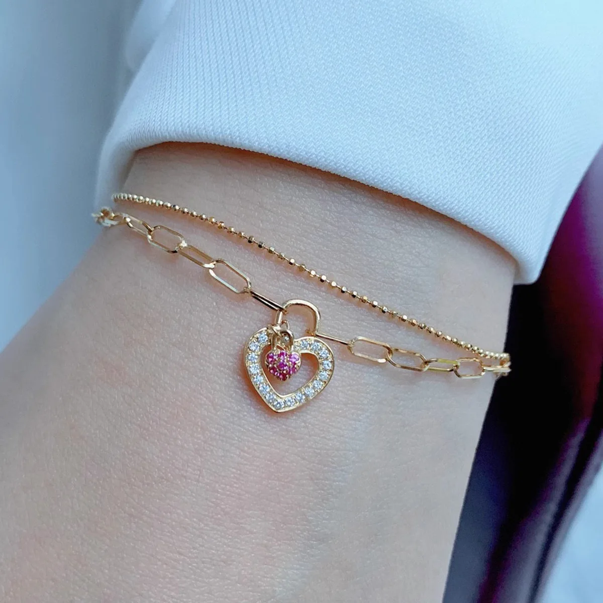 

Romantic Fashion 925 Silver Heart Pendant Link Chain Bracelet Pink Sapphire Charm Cuff Bangle Girlfriend Gifts Layered Jewelry