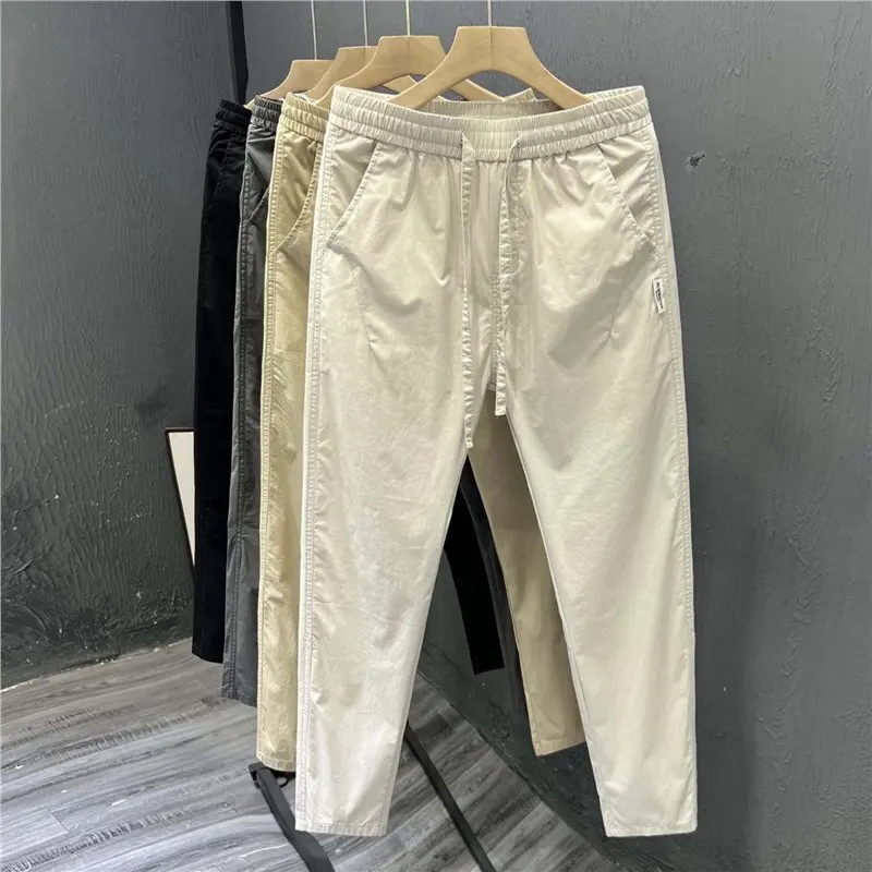 Men's Versatile Slim Fit Fashion Cargo Pants Korean Fashion Drawstring Elastic Waist Straight Cropped Pants