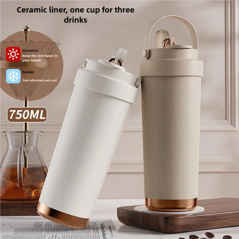 Large capacity Dual Drink Ceramic Inner Pot Insulated Cup Suitable for Men Women With Straws and coffee cups for outdoor travel
