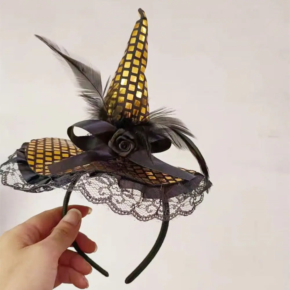 Funny Lace Halloween Witch Hat Hair Hoop Cartoon Sequin Halloween Party Hair Band Party Decor Hat Headband Dressing Up Props