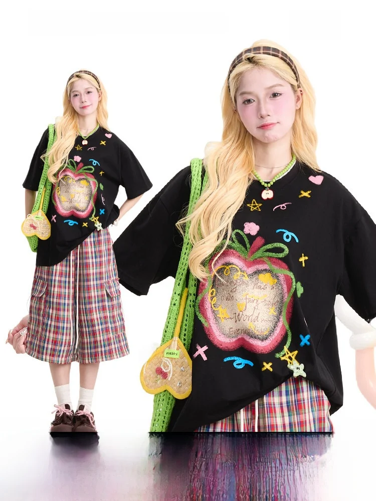 

NERESUM Graffiti Print Short Sleeve T-Shirt Women's Summer Dopaamine Oversize Loose Half Sleeve Top Cotton round Neck
