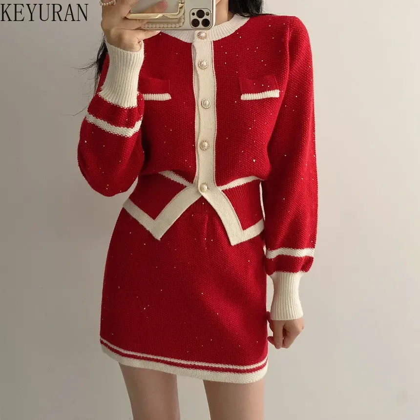 2023 Spring Vintage Sequin Knitted Two Piece Sets Womens Outifits Korean Style Sweater Cardigan + Mini Skirt Sets Womans Clothes