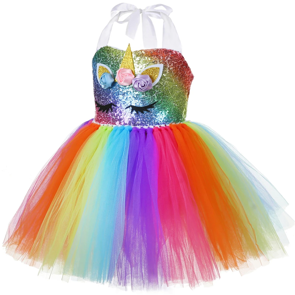 Girls Unicorn Dress LED Light Up Rainbow Sequins Birthday Party Princess Tutu Dress Christmas Halloween Costume for Kids Clothes