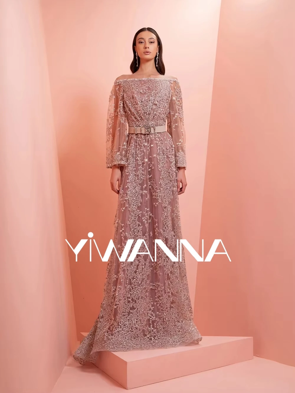 

Exquisite Embroidery Beaded Lace Long Evening Dress Modern Boat Neck Long Sleeved Wedding Party Gown Customized New Prom Dresses