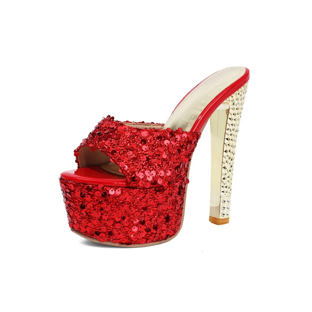 

34-47 Large Size Women's Sequin Platform Mule Sandals Open Toe Square Heel High Heels Party Shoes 6 Colors Option D-22