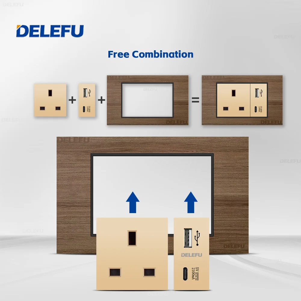 DELEFU Wall Switch Power Socket Switch USB-C Gold function key Imitation wood grain panel UK series