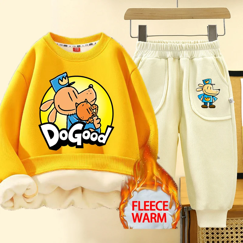 

Dog Man Winter Children's Sweatshirt Pants Set Boys Girls Cartoon Anime Thick Pullover Hoodies Lamb Fleece Fashion Kid Top Gifts
