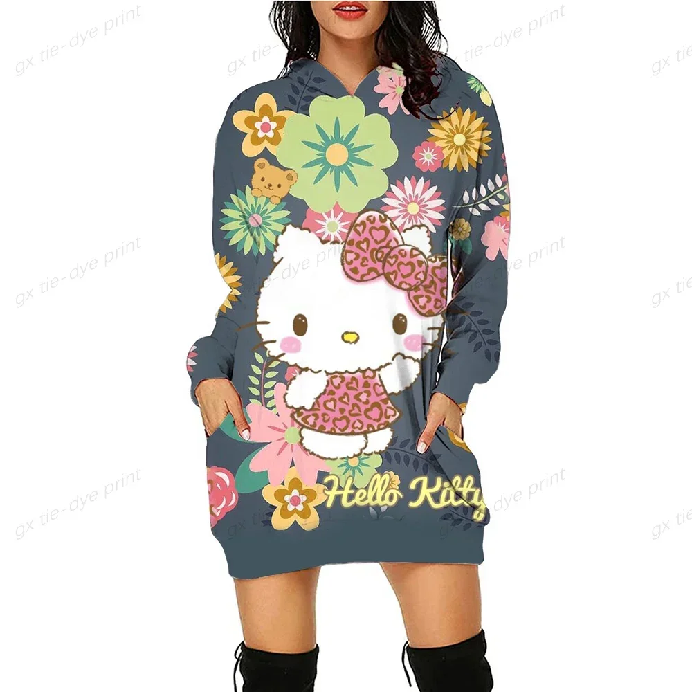 Japan Anime Hello Kitty 3D Print Autumn Hoodies Dress Women Casual Wear Long Sleeve Hooded Dress Cartoon Long Hoodies